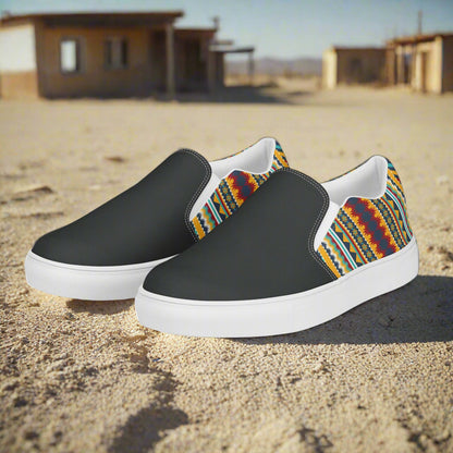Women’s Southwest Print, Slip-on Canvas Shoes, Native American, Geometric Pattern, Nakona Two-Tone