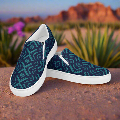 Women’s Southwest Print, Custom Slip-on Canvas Shoes, Geometric Pattern, BlueRock