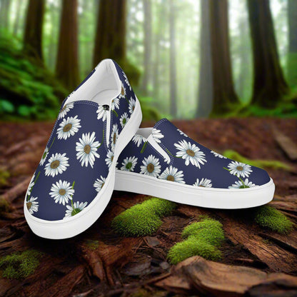 Women’s Custom Slip-on Canvas Shoes, Floral Print, White Daisies on Navy Blue Canvas