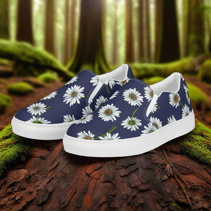 Women’s Custom Slip-on Canvas Shoes, Floral Print, White Daisies on Navy Blue Canvas