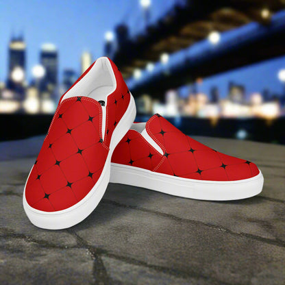 Women’s Designer Slip-on Canvas Shoes, Red with Black Diamond Pattern