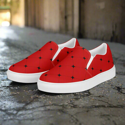 Women’s Designer Slip-on Canvas Shoes, Red with Black Diamond Pattern