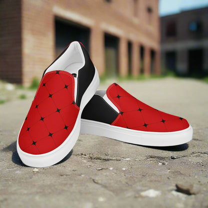 Women’s Asian Pattern, Designer Slip-on Canvas Shoes, Red with Black Diamond Print, Halftone