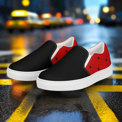 Women’s Designer Slip-on Canvas Shoes, Red with Black Diamond Pattern, Two-Tone