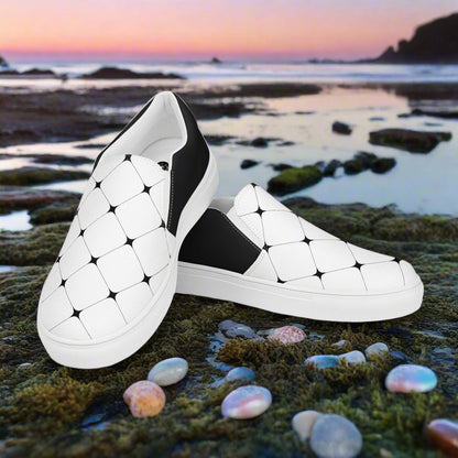 Women’s Custom, Slip-on Canvas Shoes, White with Black Diamond Geometric Pattern, Halftone