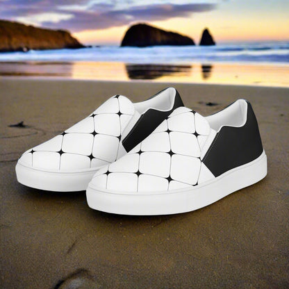 Women’s Custom, Slip-on Canvas Shoes, White with Black Diamond Geometric Pattern, Halftone
