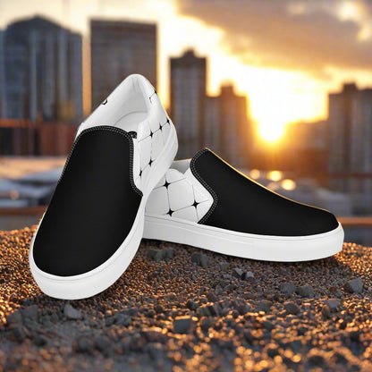 Women’s Custom, Slip-on Canvas Shoes, White with Black Diamond Geometric Pattern, Two-Tone