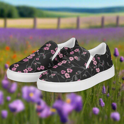Women’s Custom Slip-on Canvas Shoes, Floral Print, Black Cherry