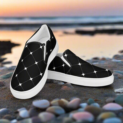 Women’s Custom Designer, Slip-on Canvas Shoes, Black with White Diamond Pattern
