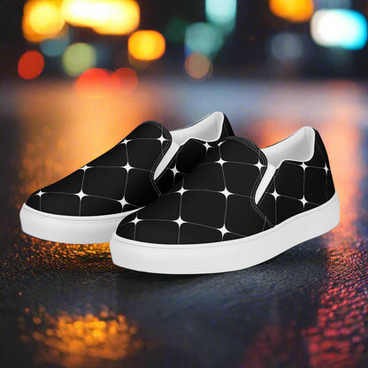 Women’s Custom Designer, Slip-on Canvas Shoes, Black with White Diamond Pattern