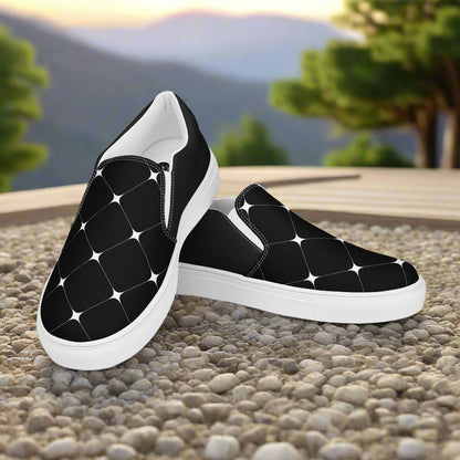 Women’s Designer, Slip-on Canvas Shoes, Black with White Diamond Print, Two Tone Geometric Pattern