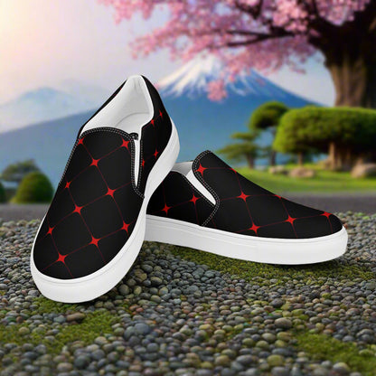 Women’s Asian Print, Slip-on Canvas Shoes, Japanese Geometric Diamond Pattern, Crimson Diamond