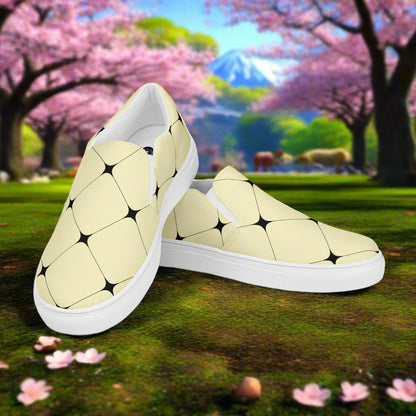 Women’s Custom Designer, Slip-on Canvas Shoes, Pastel Yellow with Black Diamond Pattern