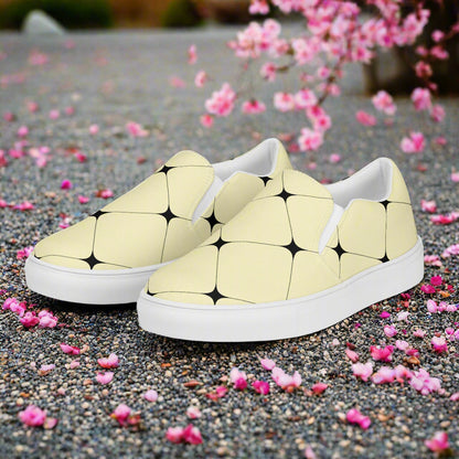 Women’s Custom Designer, Slip-on Canvas Shoes, Pastel Yellow with Black Diamond Pattern