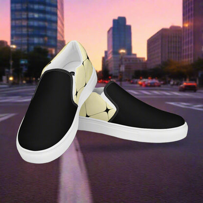 Women’s Custom Designer, Slip-on Canvas Shoes, Pastel Yellow with Black Diamond Pattern, Two-Tone