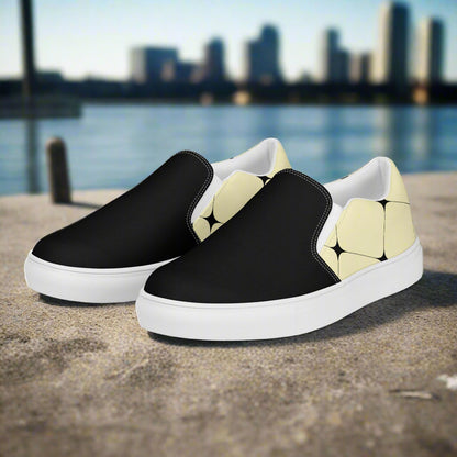 Women’s Custom Designer, Slip-on Canvas Shoes, Pastel Yellow with Black Diamond Pattern, Two-Tone