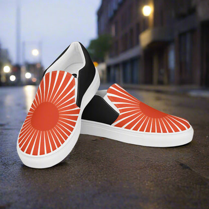 Women’s Custom, Slip-on Canvas Sneakers, Asian Print, Japanese Rising Sun, Halftone