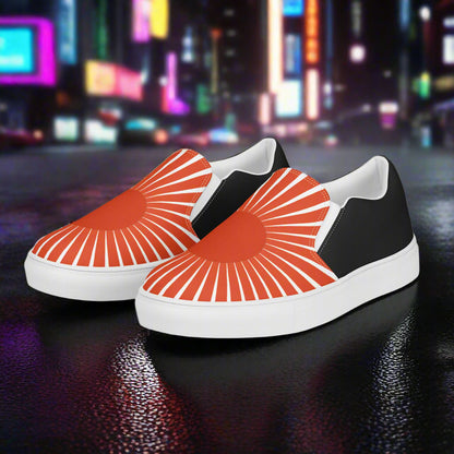 Women’s Custom, Slip-on Canvas Sneakers, Asian Print, Japanese Rising Sun, Halftone