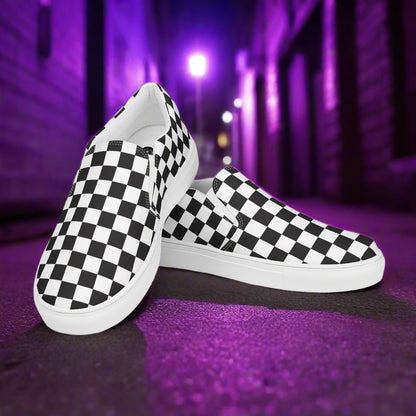 Women’s Custom Slip-on Canvas Shoes, Black Checkered Pattern on White Canvas