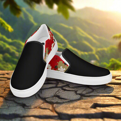 Women’s Designer, Slip-on Canvas Shoes, Asian Floral Print, Black Lotus, Two-Tone