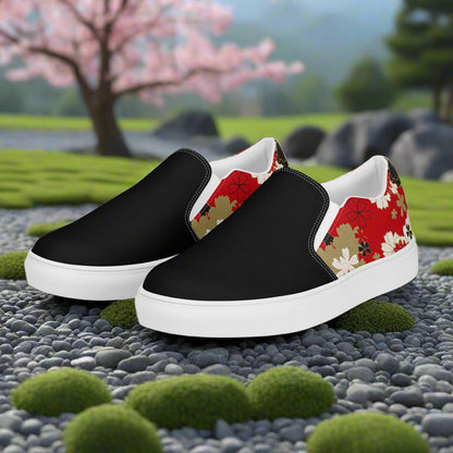Women’s Designer, Slip-on Canvas Shoes, Asian Floral Print, Black Lotus, Two-Tone
