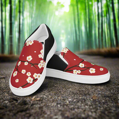 Women’s Custom, Asian Floral Print, Slip-on Canvas Shoes, Red Cherry Blossom, Halftone