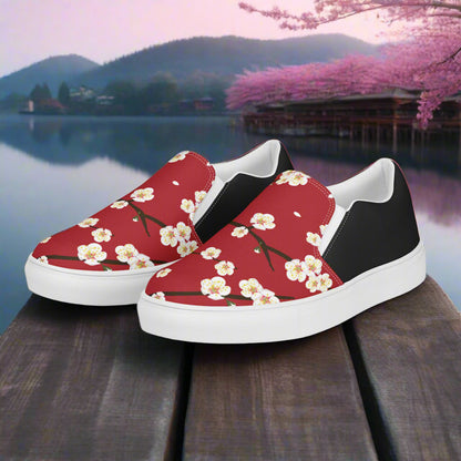 Women’s Custom, Asian Floral Print, Slip-on Canvas Shoes, Red Cherry Blossom, Halftone