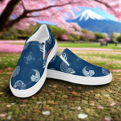 Women’s Custom Asian Print, Slip-on Canvas Shoes, Blue with White Japanese Crests Pattern