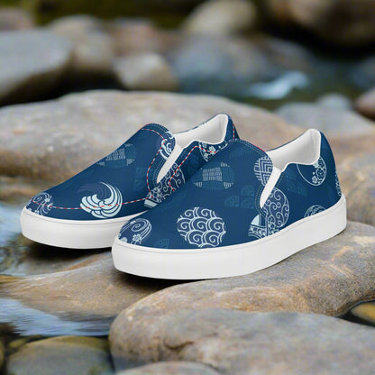 Women’s Custom Asian Print, Slip-on Canvas Shoes, Blue with White Japanese Crests Pattern