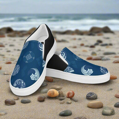 Women’s Custom Asian Print, Slip-on Canvas Shoes, Blue with White Pattern Japanese Seals, Two Tone