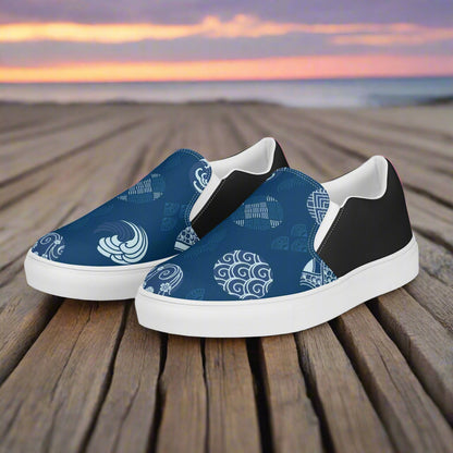 Women’s Custom Asian Print, Slip-on Canvas Shoes, Blue with White Pattern Japanese Seals, Two Tone