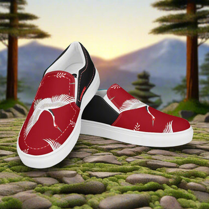 Women’s Custom, Asian Animal Print, Slip-on Canvas Shoes, Red with White Flying Cranes, Halftone