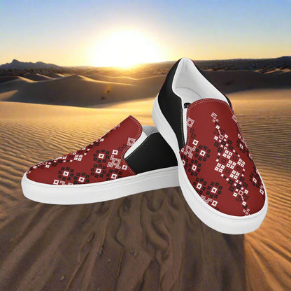 Women’s Southwest Print, Slip-on Canvas Shoes, Native American, Geometric Pattern, Red Mesa Halftone