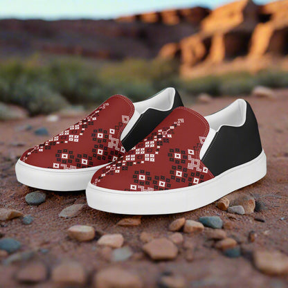Women’s Southwest Print, Slip-on Canvas Shoes, Native American, Geometric Pattern, Red Mesa Halftone