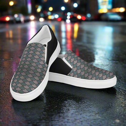 Women’s Custom, Asian Print, Slip-on Canvas Shoes, Japanese Sea Waves Pattern, Halftone