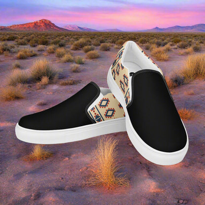 Women’s Southwest Print, Custom Slip-on Canvas Shoes, Beige with Native American Geometric Pattern, Desert Sol, Two-Tone