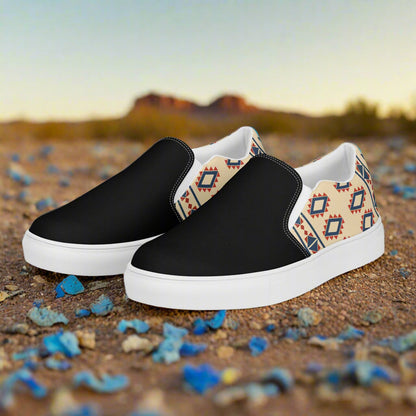 Women’s Southwest Print, Custom Slip-on Canvas Shoes, Beige with Native American Geometric Pattern, Desert Sol, Two-Tone