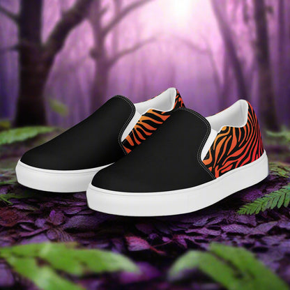 Women’s Animal Print, Slip-on Canvas Shoes, Rainbow Zebra Pattern, Two-Tone