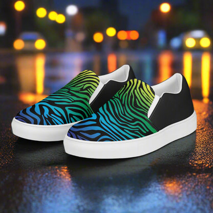 Women’s Animal Print Slip-on Canvas Shoes Custom Rainbow Zebra Halftone