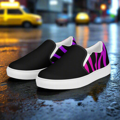 Women’s Animal Print, Slip-on Canvas Shoes, Purple Zebra Pattern, Two-Tone