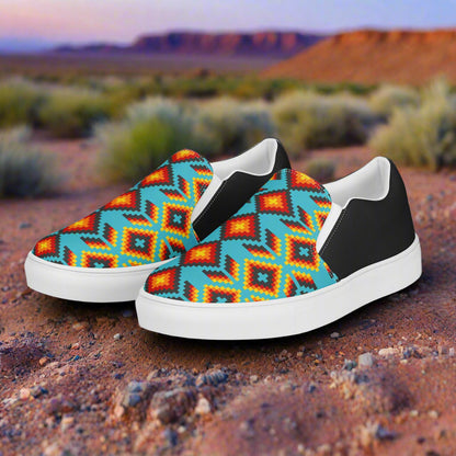 Women’s Southwest Print, Slip-on Canvas Shoes, Turquoise with Orange Native American, Geometric Pattern, Huichol, Halftone