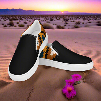 Women’s Southwest Print, Slip-on Canvas Shoes, Native American, Geometric Pattern, Pueblo Two-Tone