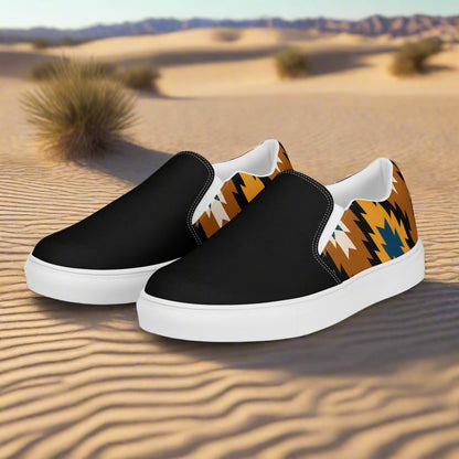 Women’s Southwest Print, Slip-on Canvas Shoes, Native American, Geometric Pattern, Pueblo Two-Tone
