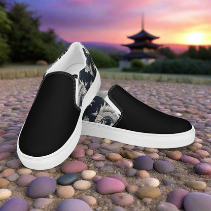 Women’s Designer, Slip-on Canvas Shoes, Black with White Koi Swimming, Asian Print, Two-Tone