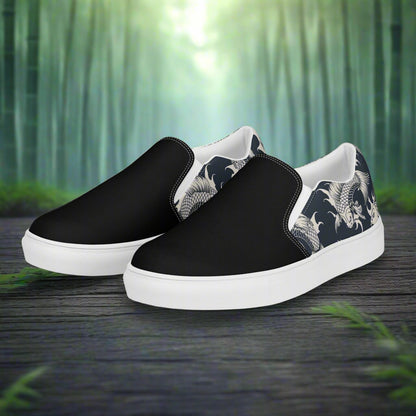 Women’s Designer, Slip-on Canvas Shoes, Black with White Koi Swimming, Asian Print, Two-Tone