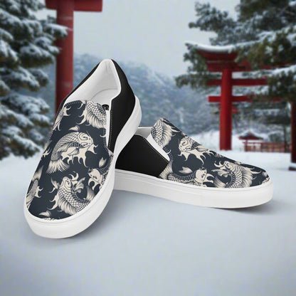 Women’s Designer, Slip-on Canvas Shoes, Black with White Koi Swimming, Asian Print, Halftone