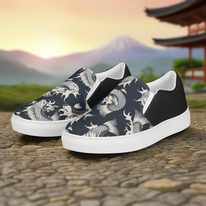 Women’s Designer, Slip-on Canvas Shoes, Black with White Koi Swimming, Asian Print, Halftone