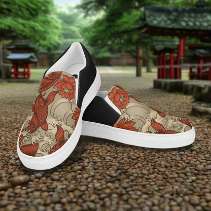 Women’s Custom Asian Pattern, Slip-on, Canvas Shoes, Animal Print, Orange Koi, Halftone
