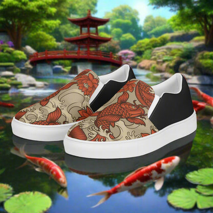 Women’s Custom Asian Pattern, Slip-on, Canvas Shoes, Animal Print, Orange Koi, Halftone