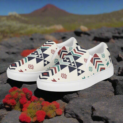 Women’s Southwest Print, Slip-on Canvas Shoes, Native American, Geometric Pattern, Supai